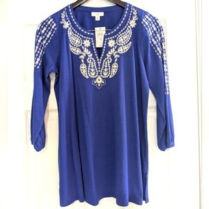 J. Jill Embroidered Tunic Blouse Top Gorgeous Detail Blue 3/4 Sleeves